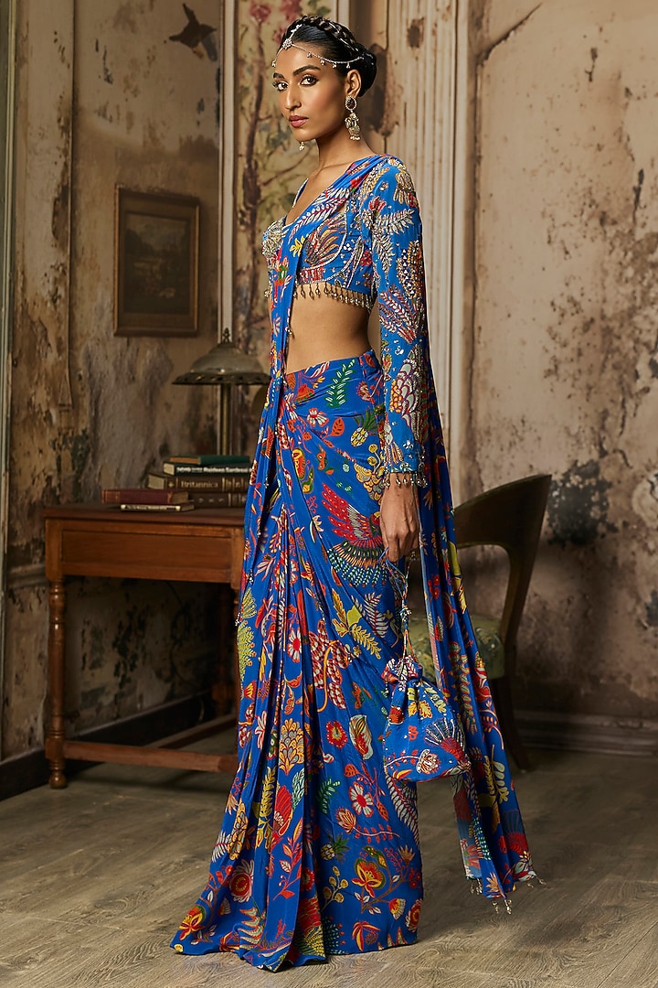 Electric Blue Crepe Featherfall Printed Dhoti Skirt Wedding Saree Set by DiyaRajvvir at Pernia's Pop Up Shop