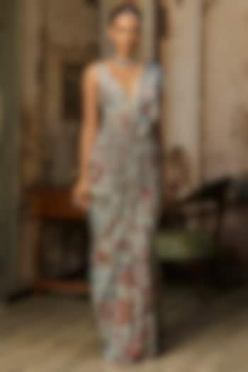 Slate Grey Crepe Featherfall Printed Dhoti Wedding Saree Set by DiyaRajvvir at Pernia's Pop Up Shop
