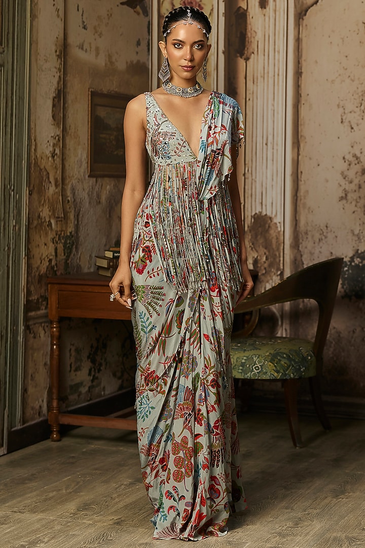 Slate Grey Crepe Featherfall Printed Dhoti Wedding Saree Set by DiyaRajvvir at Pernia's Pop Up Shop