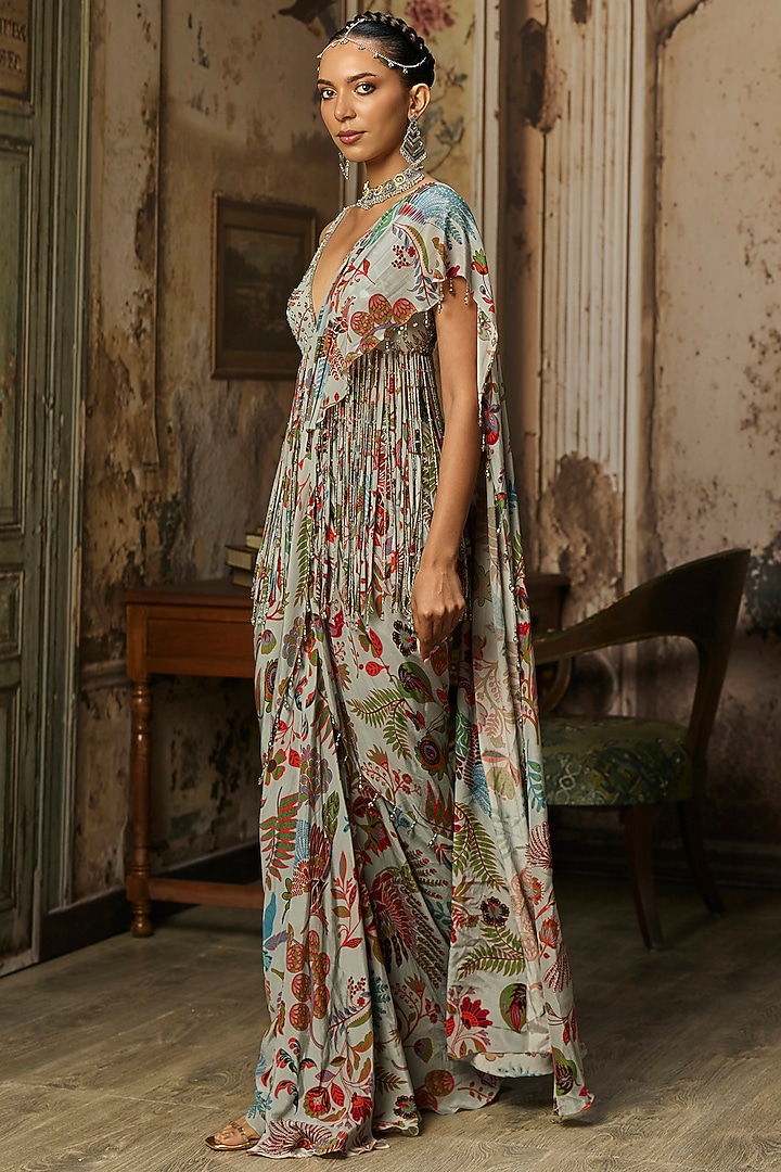 Slate Grey Crepe Featherfall Printed Dhoti Wedding Saree Set by DiyaRajvvir at Pernia's Pop Up Shop