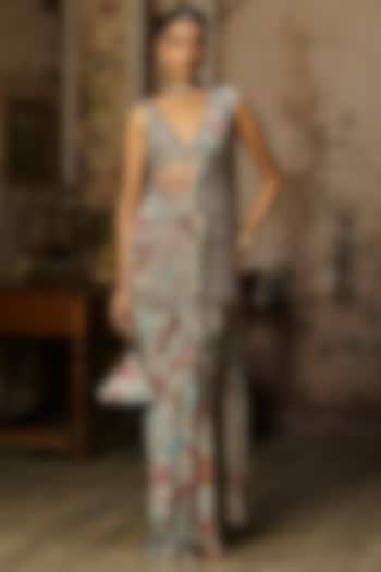 Slate Grey Crepe Featherfall Printed Dhoti Skirt Wedding Saree Set by DiyaRajvvir at Pernia's Pop Up Shop