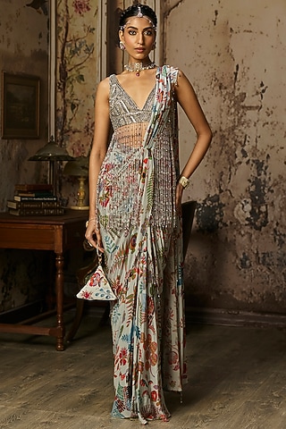 Slate Grey Crepe Featherfall Printed Dhoti Skirt Saree Set by DiyaRajvvir