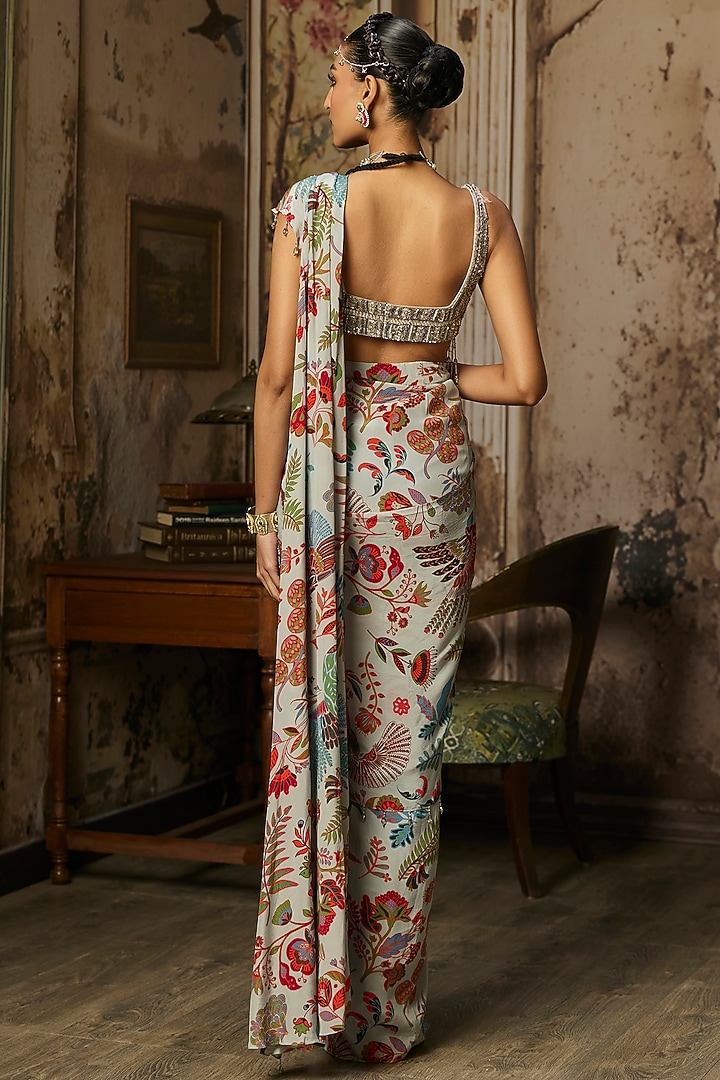Slate Grey Crepe Featherfall Printed Dhoti Skirt Wedding Saree Set by DiyaRajvvir at Pernia's Pop Up Shop