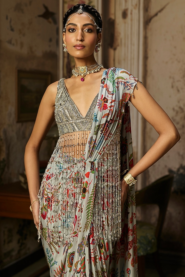 Slate Grey Crepe Featherfall Printed Dhoti Skirt Wedding Saree Set by DiyaRajvvir at Pernia's Pop Up Shop