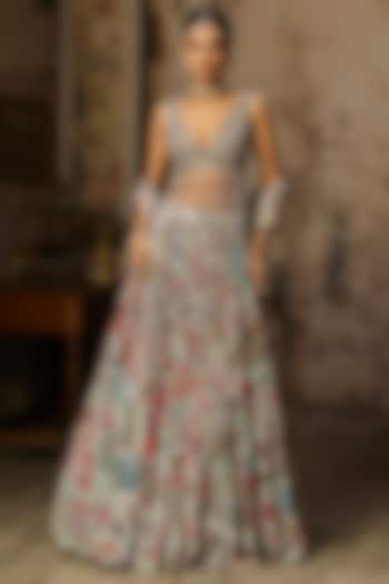 Slate Grey Crepe Featherfall Printed Wedding Lehenga Set by DiyaRajvvir at Pernia's Pop Up Shop