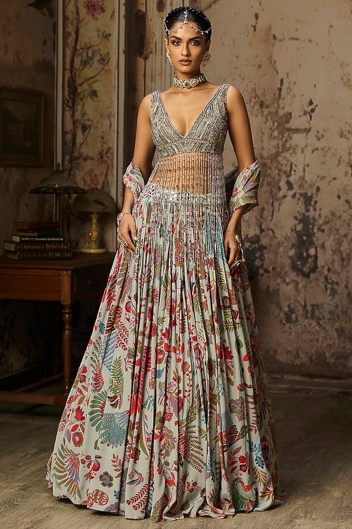 Slate Grey Crepe Featherfall Printed Wedding Lehenga Set by DiyaRajvvir at Pernia's Pop Up Shop