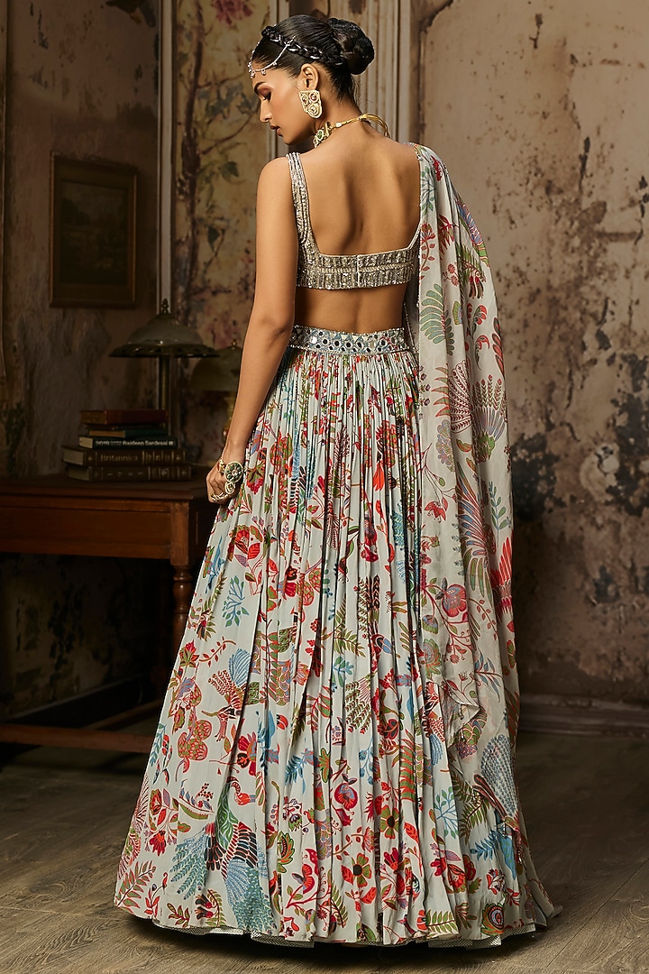 Slate Grey Crepe Featherfall Printed Wedding Lehenga Set by DiyaRajvvir at Pernia's Pop Up Shop