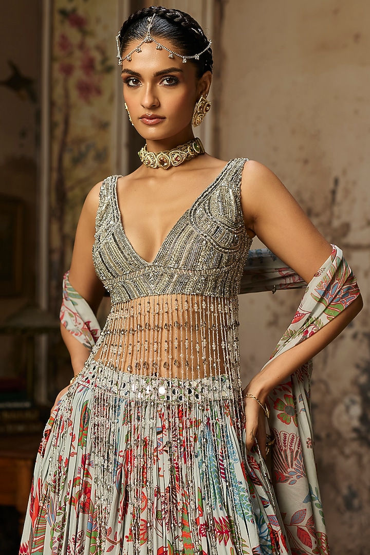 Slate Grey Crepe Featherfall Printed Wedding Lehenga Set by DiyaRajvvir at Pernia's Pop Up Shop