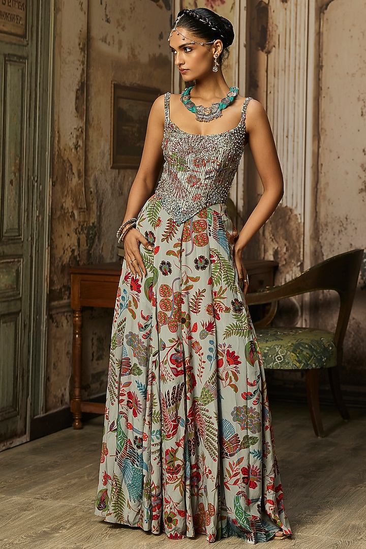 Slate Grey Crepe Featherfall Printed Engagement Gown by DiyaRajvvir at Pernia's Pop Up Shop