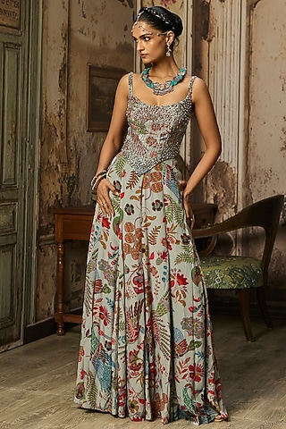 Slate Grey Crepe Featherfall Printed Corset Gown by DiyaRajvvir
