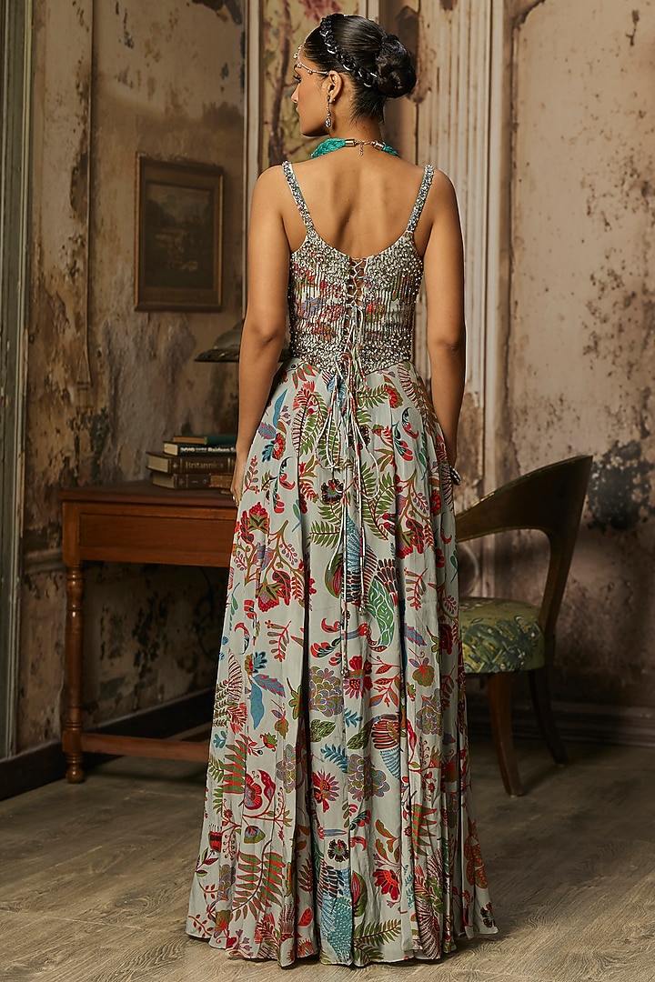 Slate Grey Crepe Featherfall Printed Corset Engagement Gown by DiyaRajvvir at Pernia's Pop Up Shop