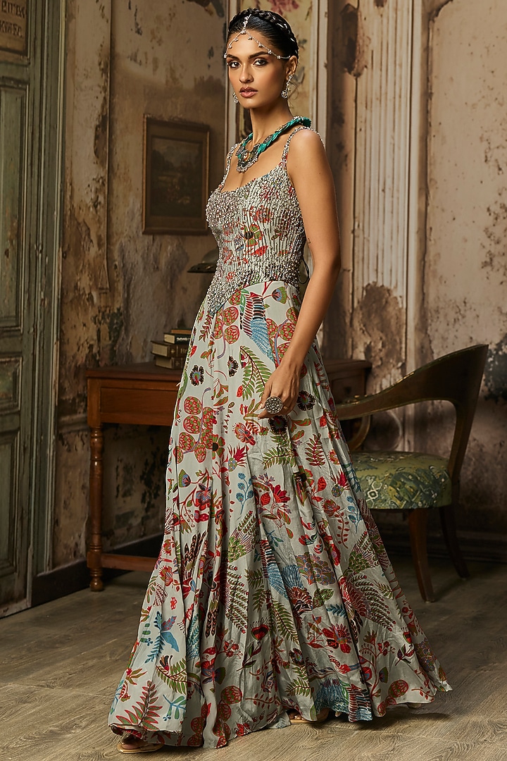 Slate Grey Crepe Featherfall Printed Corset Engagement Gown by DiyaRajvvir at Pernia's Pop Up Shop