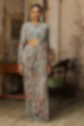 Stale Grey Crepe Featherfall Printed Sharara Wedding Saree Set by DiyaRajvvir at Pernia's Pop Up Shop