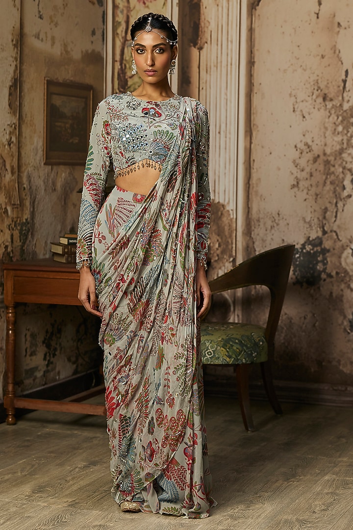 Stale Grey Crepe Featherfall Printed Sharara Wedding Saree Set by DiyaRajvvir at Pernia's Pop Up Shop