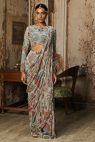 Stale Grey Crepe Featherfall Printed Sharara Saree Set by DiyaRajvvir