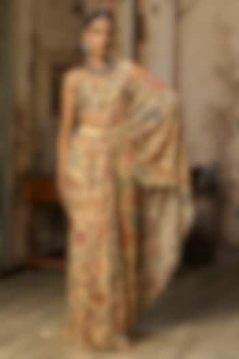 Beige Crepe Featherfall Printed Draped Skirt Wedding Saree Set by DiyaRajvvir at Pernia's Pop Up Shop