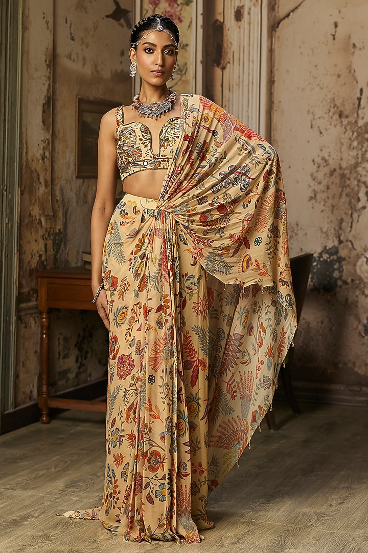 Beige Crepe Featherfall Printed Draped Skirt Wedding Saree Set by DiyaRajvvir at Pernia's Pop Up Shop