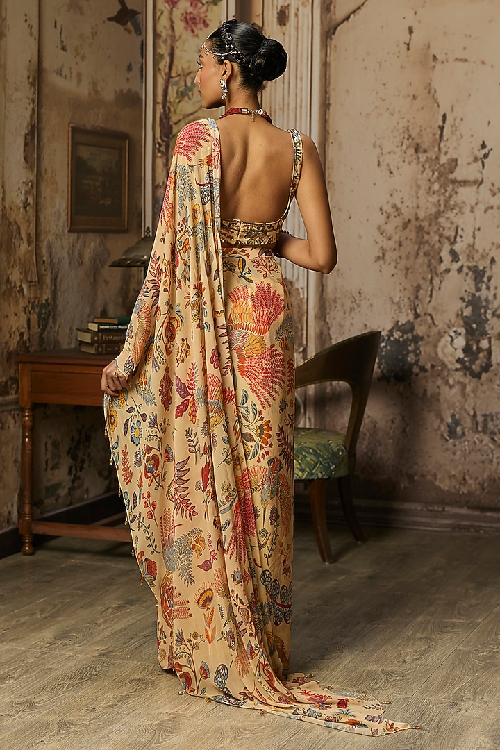 Beige Crepe Featherfall Printed Draped Skirt Wedding Saree Set by DiyaRajvvir at Pernia's Pop Up Shop