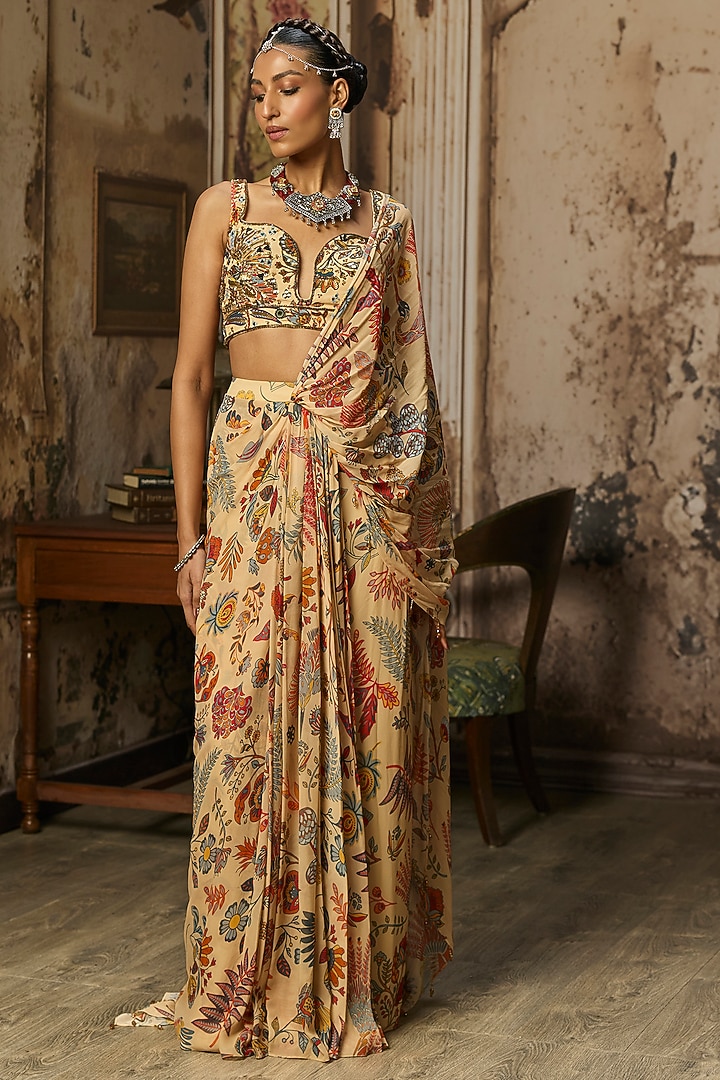 Beige Crepe Featherfall Printed Draped Skirt Wedding Saree Set by DiyaRajvvir at Pernia's Pop Up Shop
