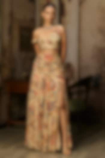 Beige Crepe Featherfall Printed Slit Skirt Set by DiyaRajvvir at Pernia's Pop Up Shop