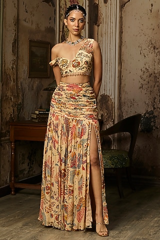Beige Crepe Featherfall Printed Slit Skirt Set by DiyaRajvvir