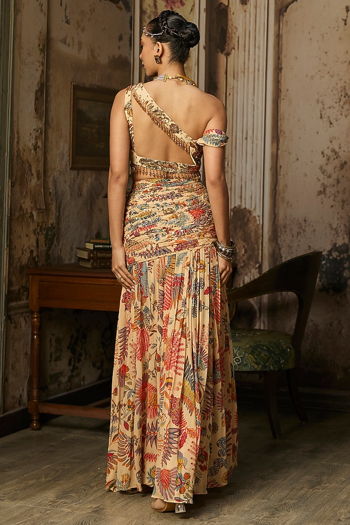 Beige Crepe Featherfall Printed Slit Skirt Set by DiyaRajvvir at Pernia's Pop Up Shop