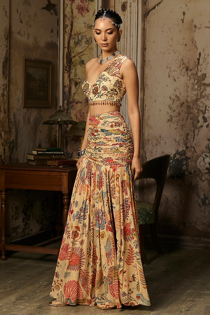 Beige Crepe Featherfall Printed Slit Skirt Set by DiyaRajvvir at Pernia's Pop Up Shop