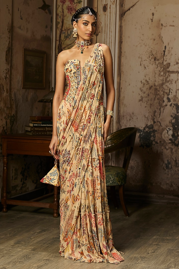 Beige Crepe Featherfall Printed Draped Skirt Wedding Saree Set by DiyaRajvvir at Pernia's Pop Up Shop