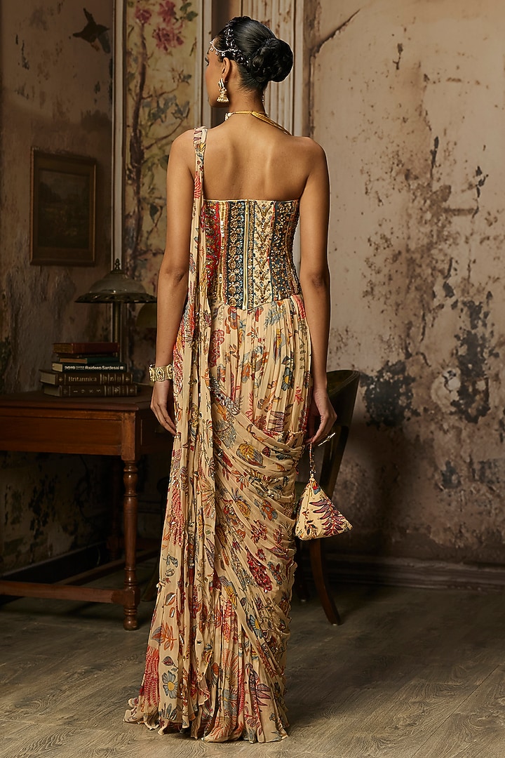 Beige Crepe Featherfall Printed Draped Skirt Wedding Saree Set by DiyaRajvvir at Pernia's Pop Up Shop