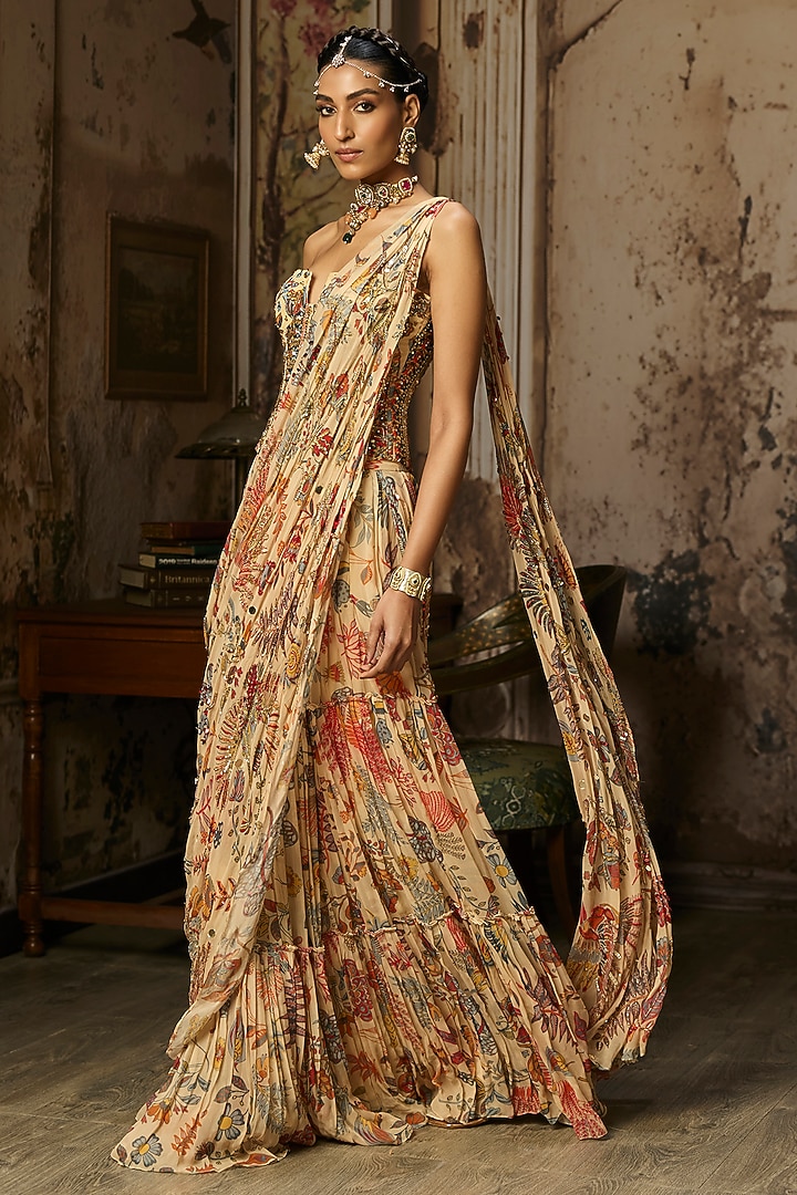 Beige Crepe Featherfall Printed Draped Skirt Wedding Saree Set by DiyaRajvvir at Pernia's Pop Up Shop