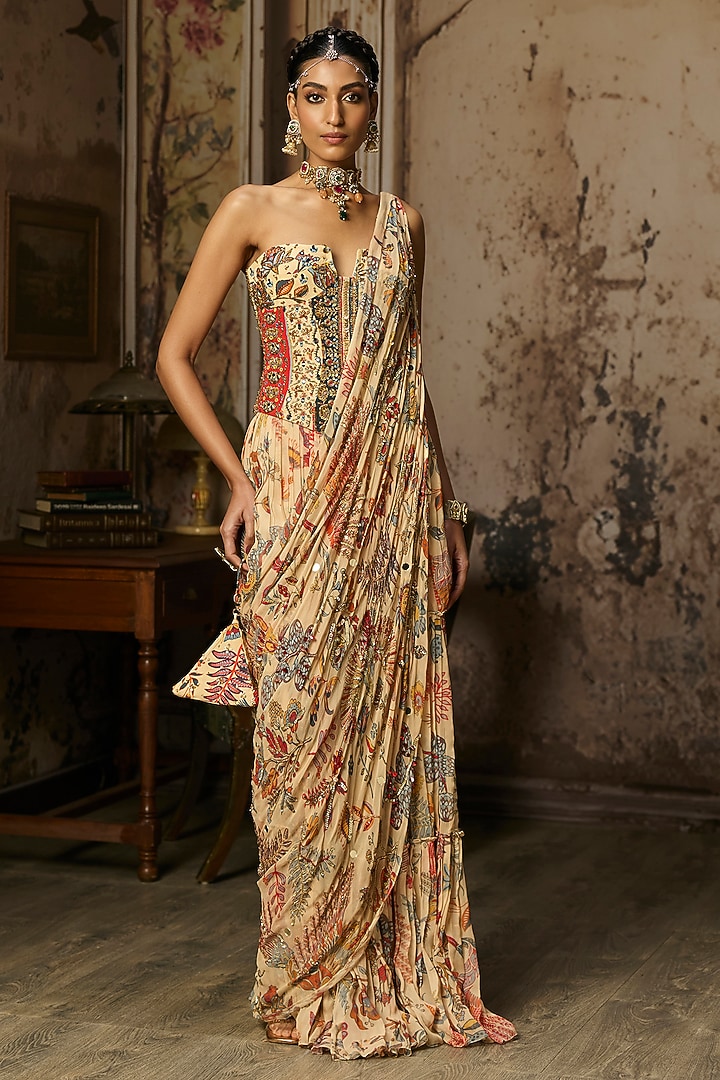 Beige Crepe Featherfall Printed Draped Skirt Wedding Saree Set by DiyaRajvvir at Pernia's Pop Up Shop