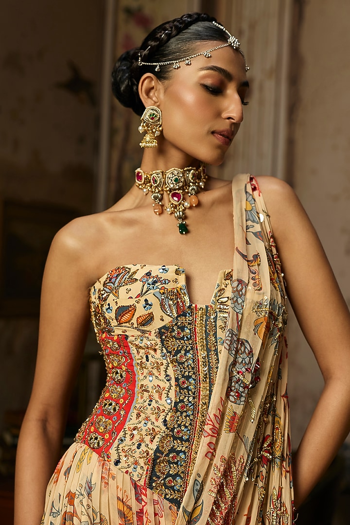 Beige Crepe Featherfall Printed Draped Skirt Wedding Saree Set by DiyaRajvvir at Pernia's Pop Up Shop