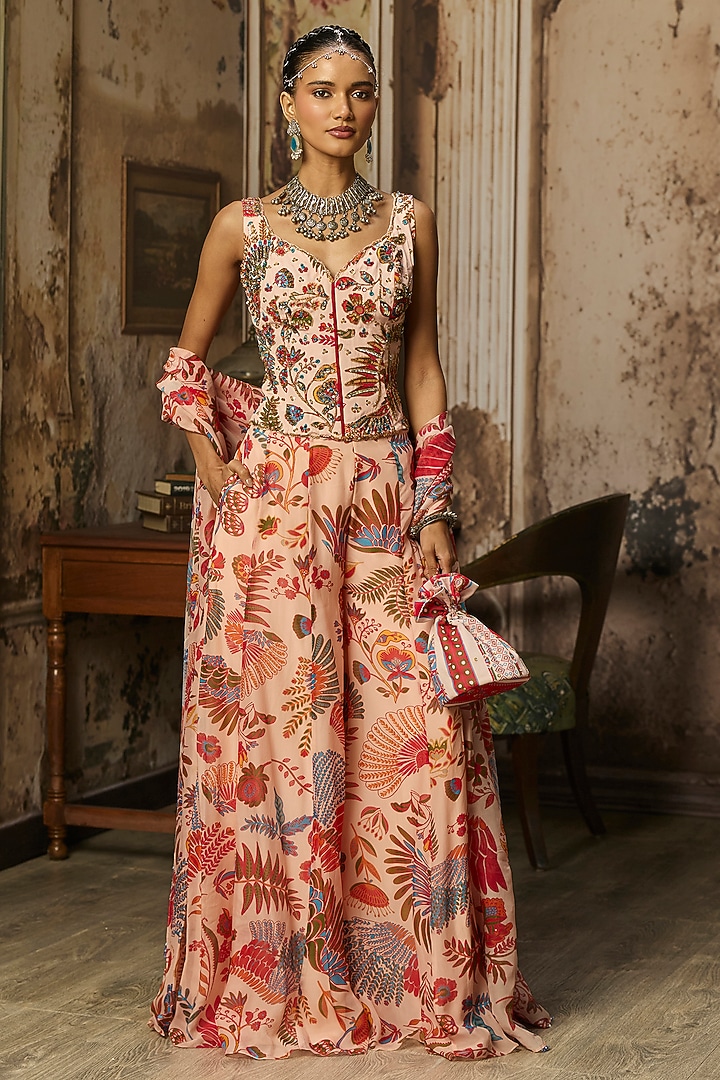 Blush Pink Crepe Featherfall Printed Co-Ord Set by DiyaRajvvir at Pernia's Pop Up Shop