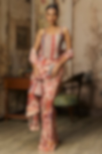 Blush Pink Crepe Featherfall Printed Draped Wedding Saree Set by DiyaRajvvir at Pernia's Pop Up Shop