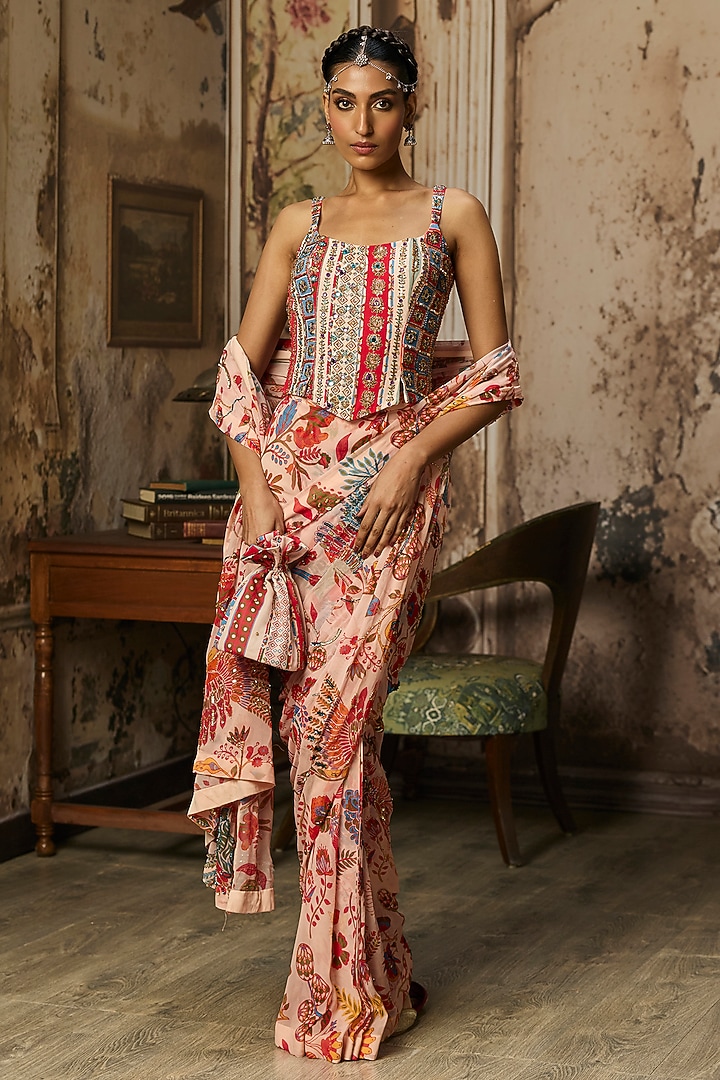 Blush Pink Crepe Featherfall Printed Draped Wedding Saree Set by DiyaRajvvir at Pernia's Pop Up Shop