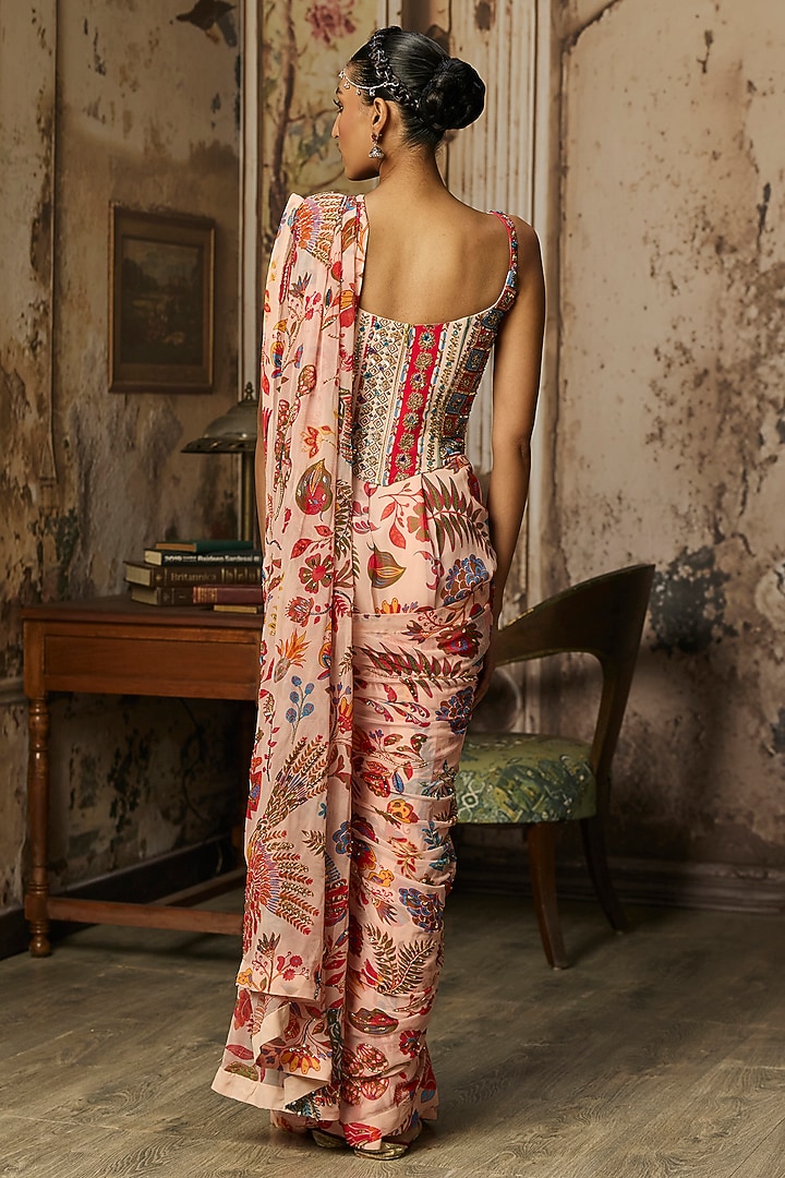 Blush Pink Crepe Featherfall Printed Draped Wedding Saree Set by DiyaRajvvir at Pernia's Pop Up Shop