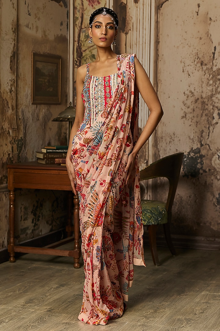 Blush Pink Crepe Featherfall Printed Draped Wedding Saree Set by DiyaRajvvir at Pernia's Pop Up Shop
