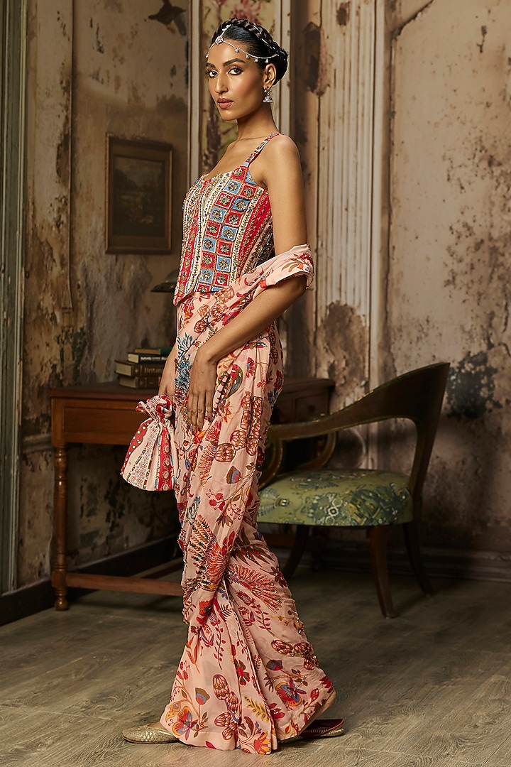 Blush Pink Crepe Featherfall Printed Draped Wedding Saree Set by DiyaRajvvir at Pernia's Pop Up Shop