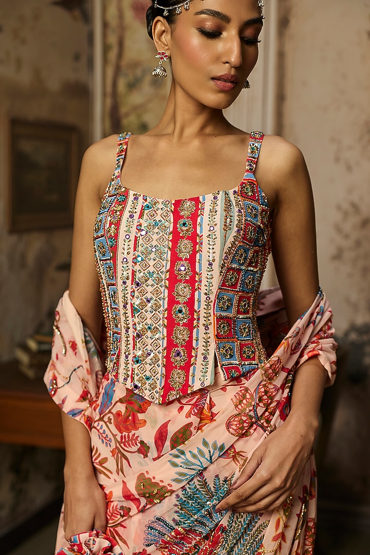 Blush Pink Crepe Featherfall Printed Draped Wedding Saree Set by DiyaRajvvir at Pernia's Pop Up Shop