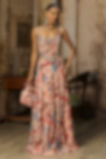 Blush Pink Crepe Featherfall Printed Corset Engagement Gown by DiyaRajvvir at Pernia's Pop Up Shop