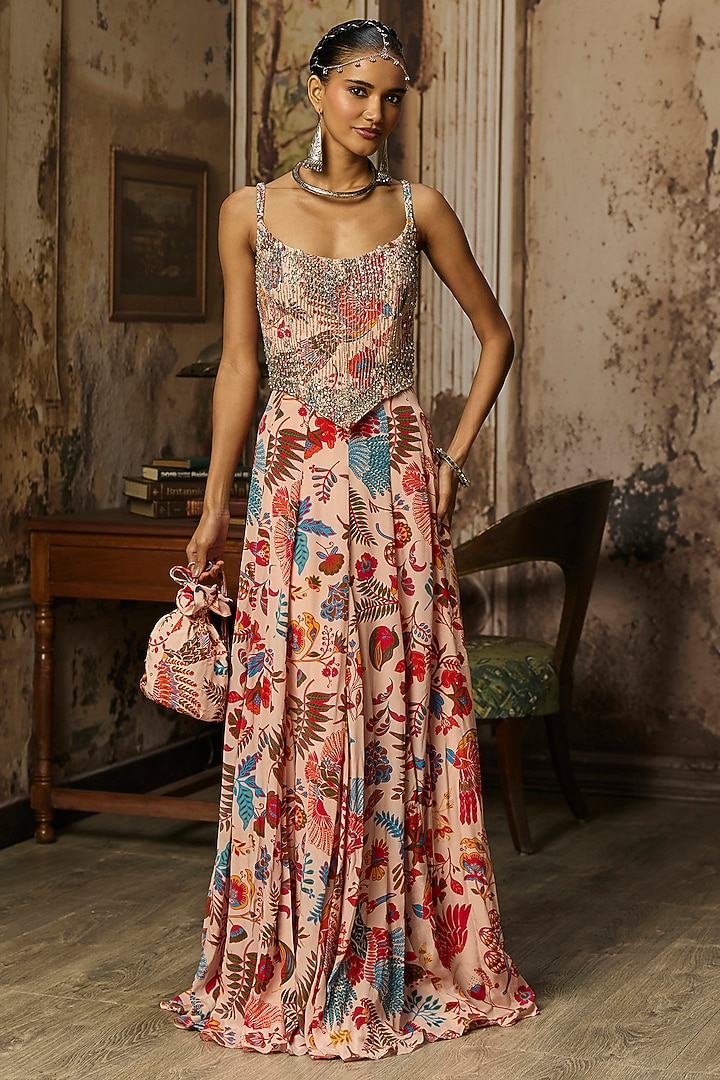 Blush Pink Crepe Featherfall Printed Corset Engagement Gown by DiyaRajvvir at Pernia's Pop Up Shop