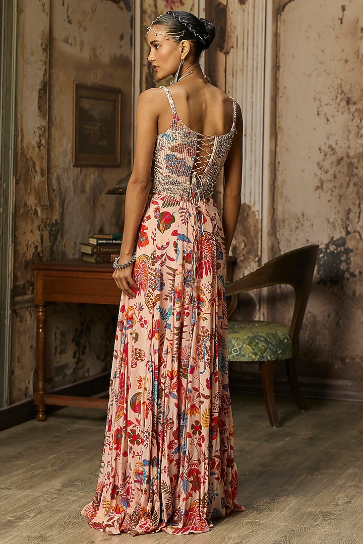 Blush Pink Crepe Featherfall Printed Corset Engagement Gown by DiyaRajvvir at Pernia's Pop Up Shop