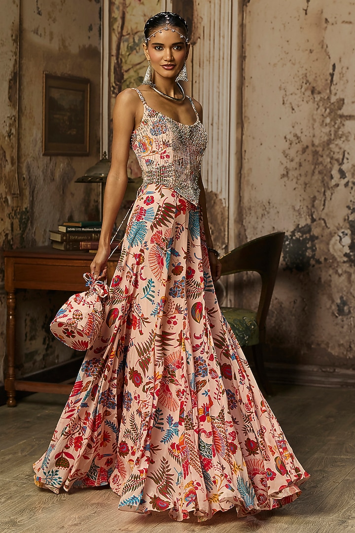 Blush Pink Crepe Featherfall Printed Corset Engagement Gown by DiyaRajvvir at Pernia's Pop Up Shop