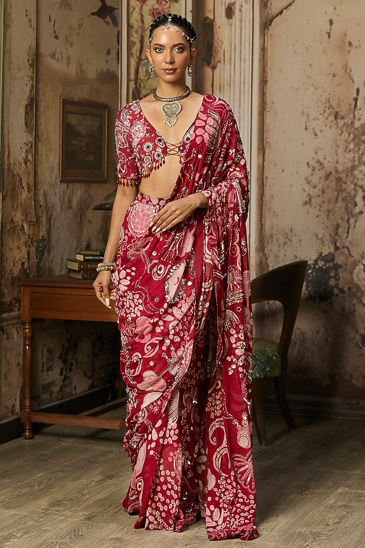 Scarlet Red Crepe Coral Veil Printed Draped Wedding Saree Set by DiyaRajvvir at Pernia's Pop Up Shop