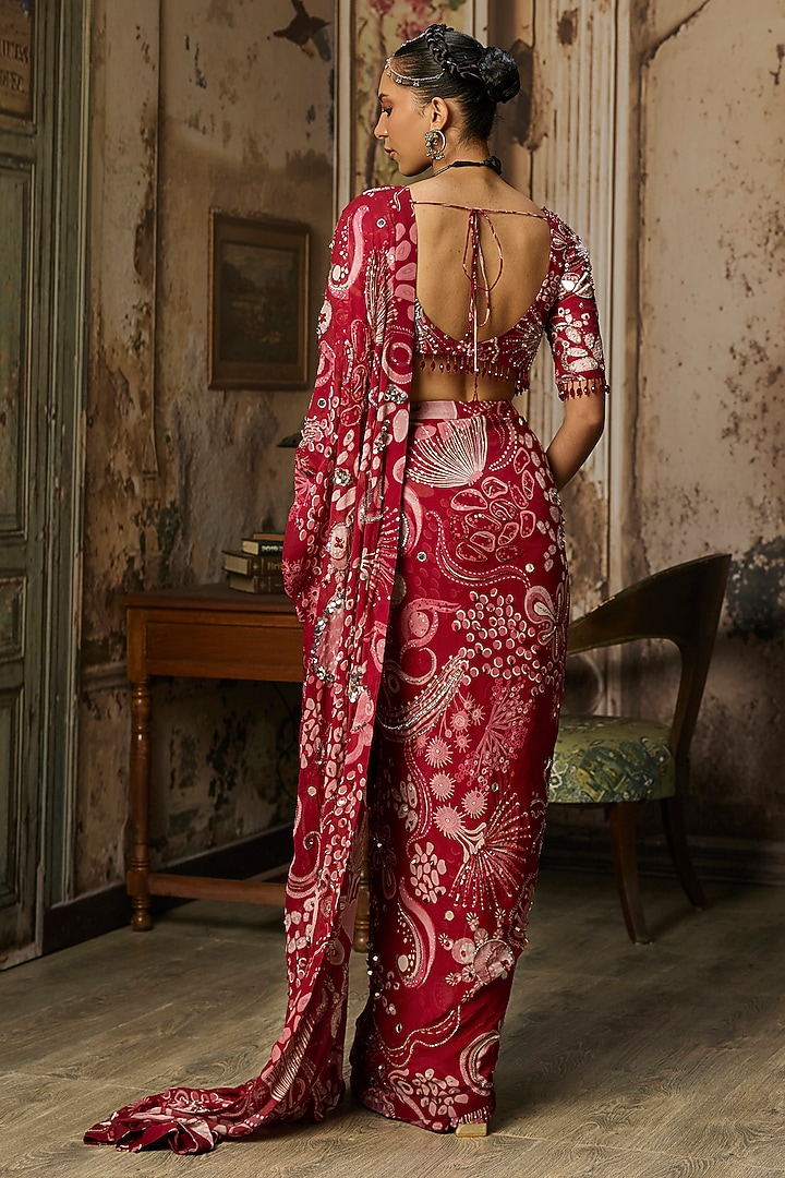 Scarlet Red Crepe Coral Veil Printed Draped Wedding Saree Set by DiyaRajvvir at Pernia's Pop Up Shop