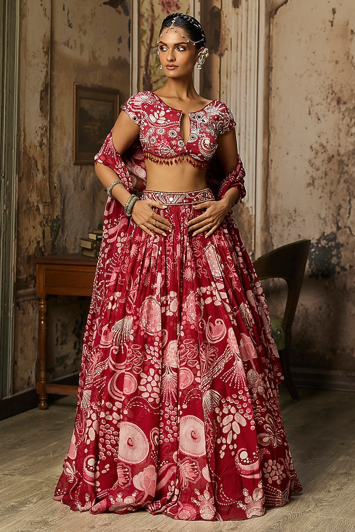 Scarlet Red Crepe Coral Veil Printed Wedding Lehenga Set by DiyaRajvvir at Pernia's Pop Up Shop