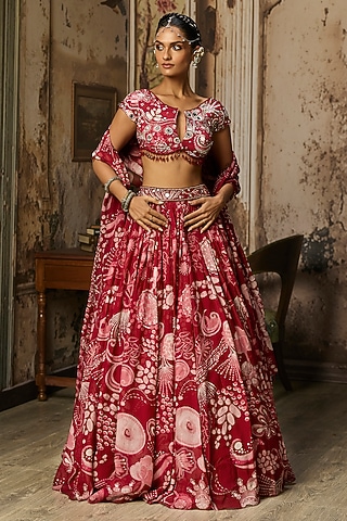 Scarlet Red Crepe Coral Veil Printed Lehenga Set by DiyaRajvvir