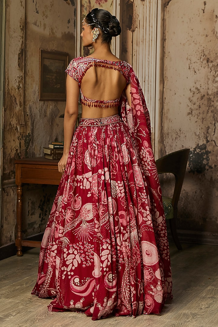 Scarlet Red Crepe Coral Veil Printed Wedding Lehenga Set by DiyaRajvvir at Pernia's Pop Up Shop