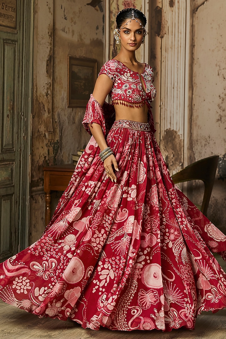 Scarlet Red Crepe Coral Veil Printed Wedding Lehenga Set by DiyaRajvvir at Pernia's Pop Up Shop