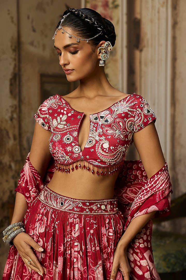 Scarlet Red Crepe Coral Veil Printed Wedding Lehenga Set by DiyaRajvvir at Pernia's Pop Up Shop